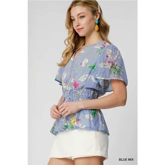 Umgee Blue Mix Floral Striped Peplum Blouse - Picture 3 of 4